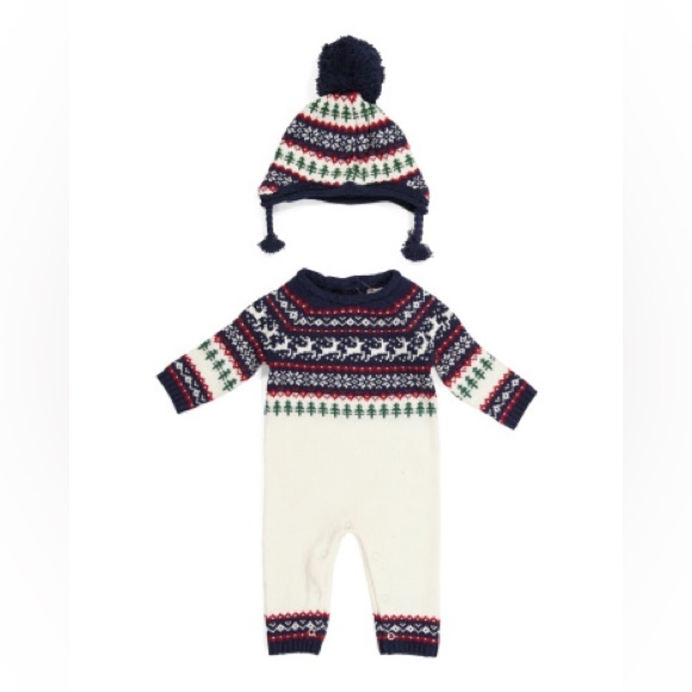 Tahari Reindeer Fair Isle Knit Coveralls With Hat